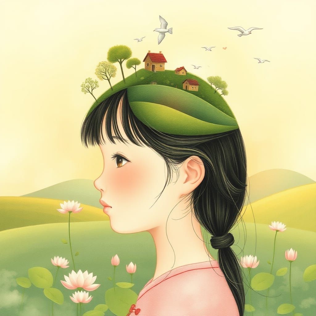 In the style of a children's book illustration, this scene uses a soft pastel color palette. The head and shoulders of a...