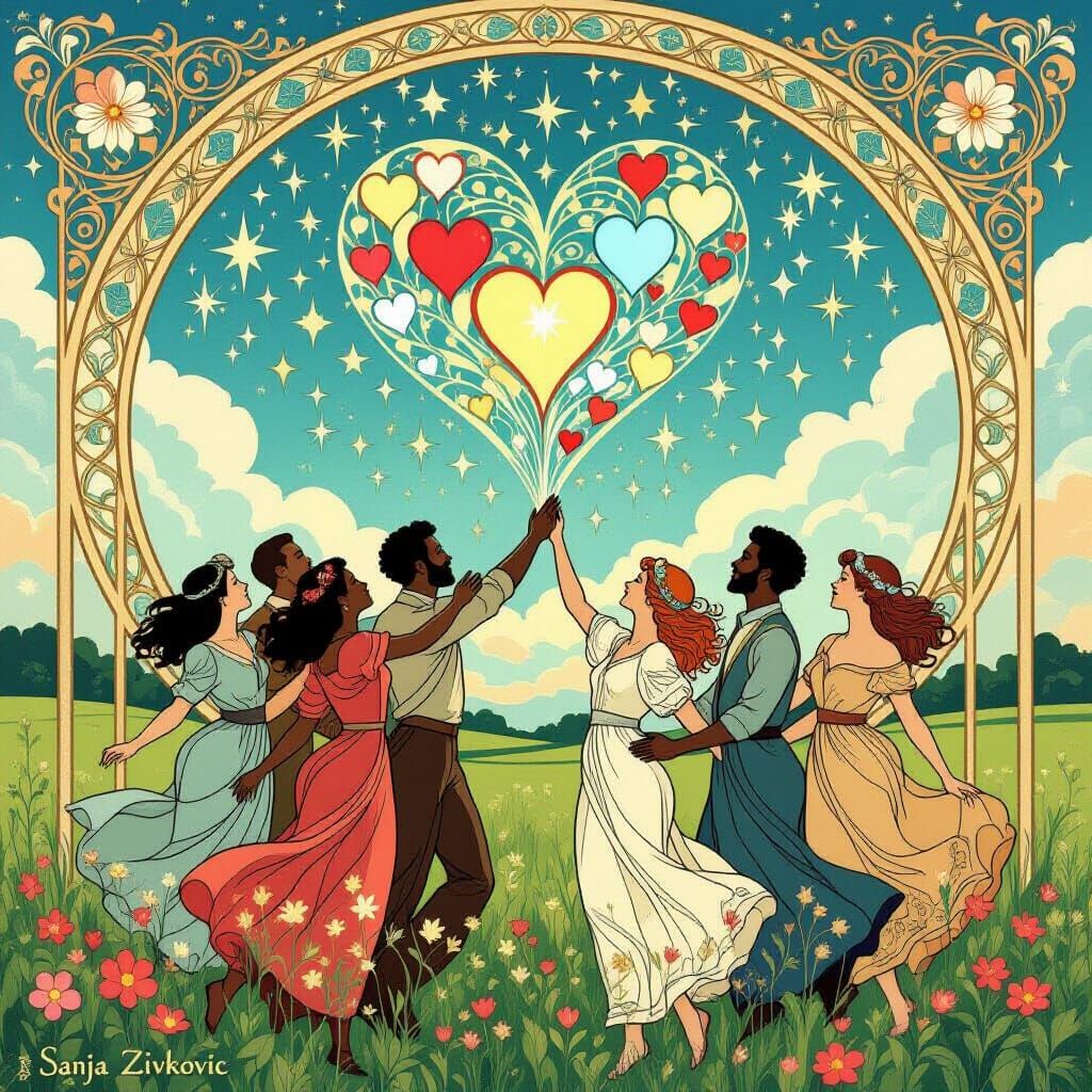 Art Nouveau Unity: Diverse People Supporting Each Other