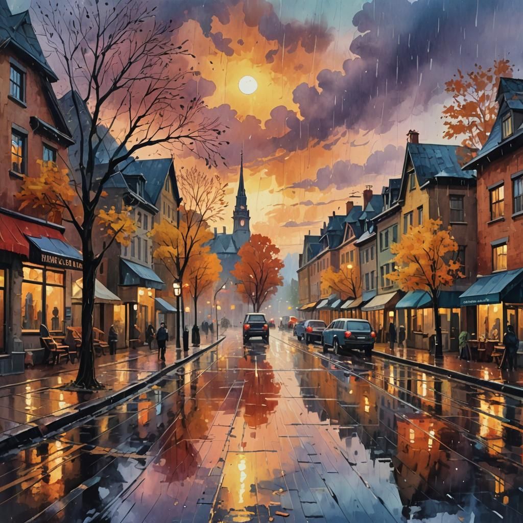 Rainy Fall Sunset Gouache Painting