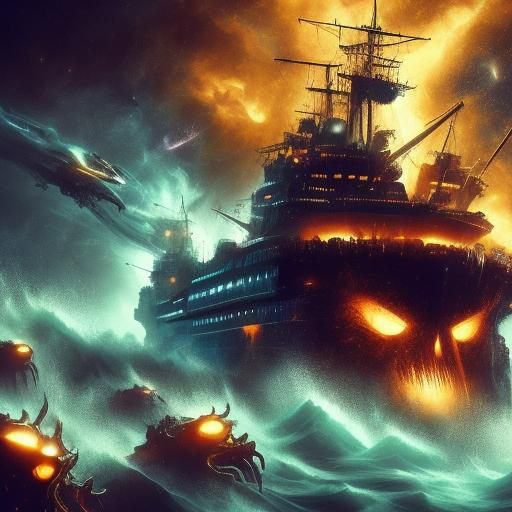 Alien Pirate Battles Kraken in Cosmic Sci-Fi Art