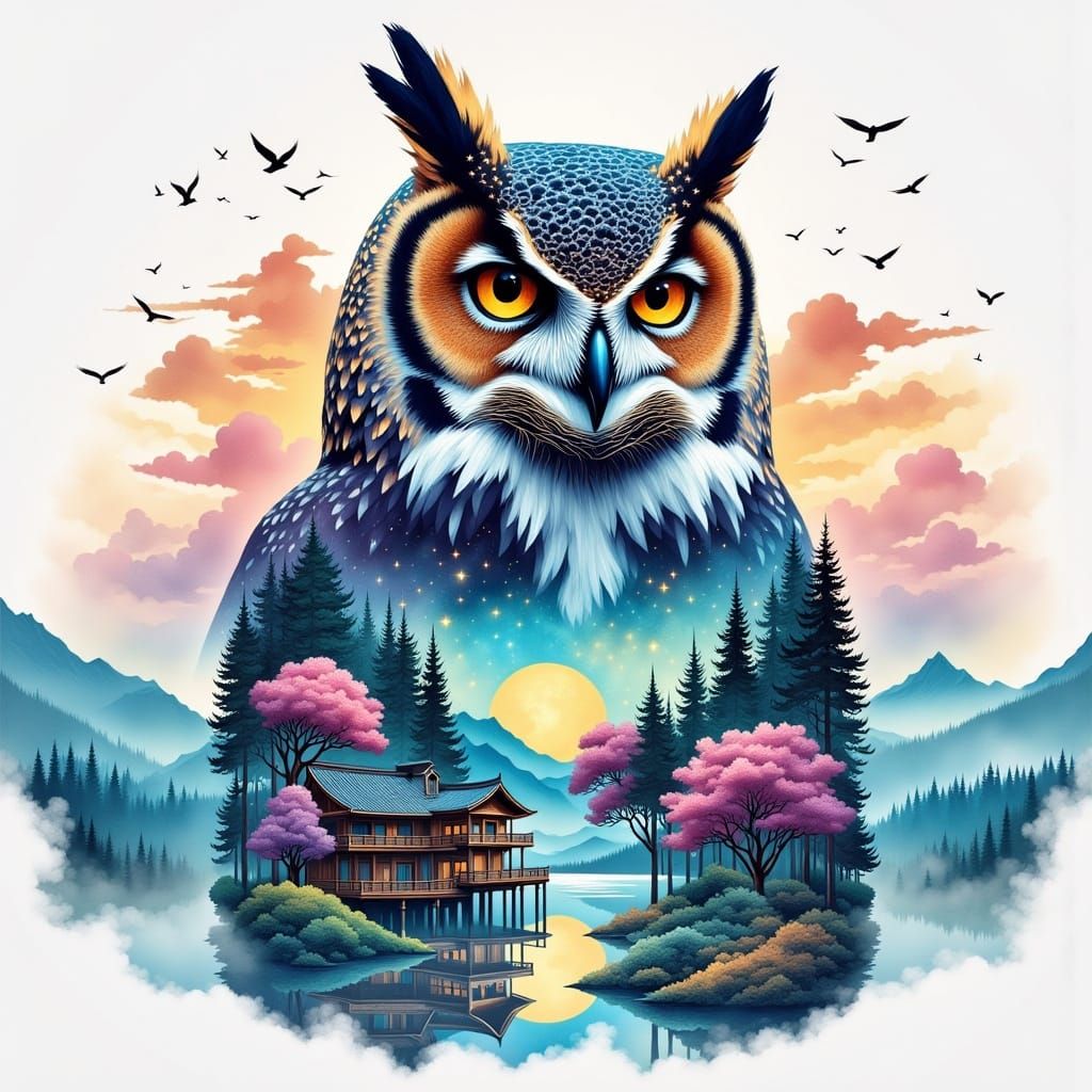 Regal Owl in Vibrant Watercolor Landscape