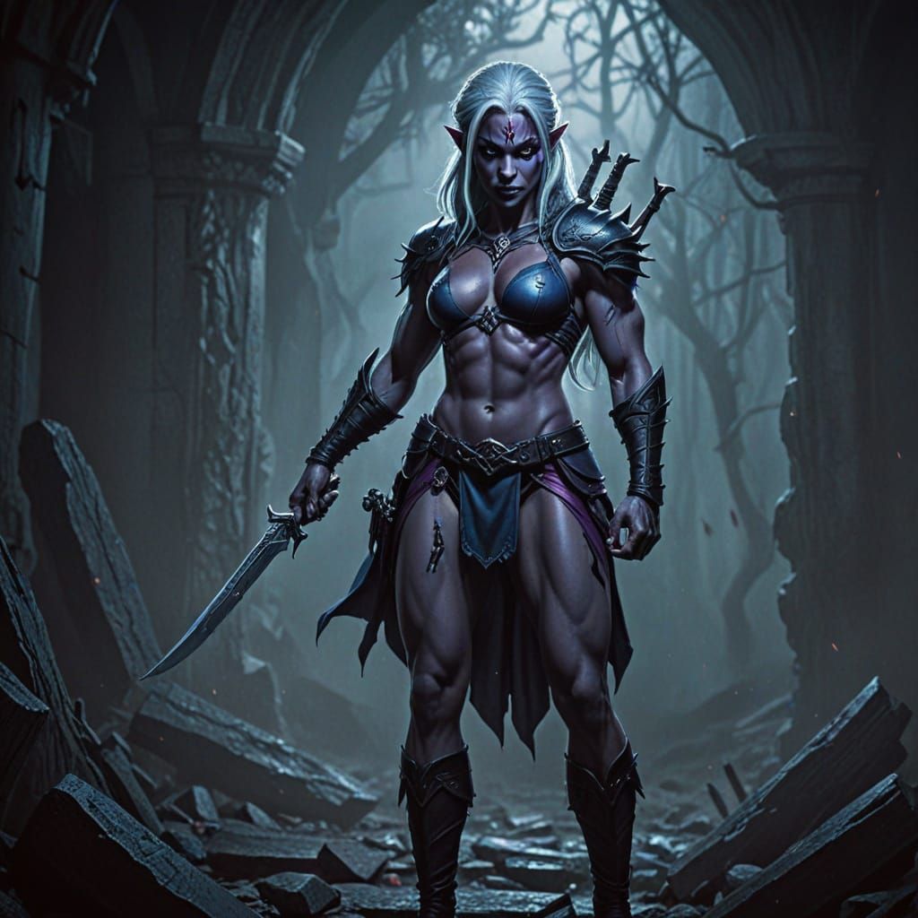 Muscular Drow Woman With Knife in Dark Fantasy Comic Style