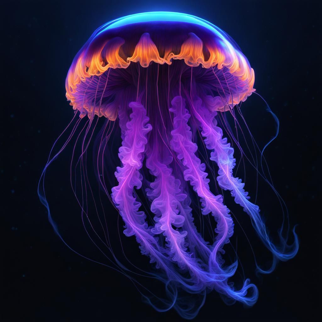 Bioluminescent Neon Jellyfish and Man-o-War in Darkness