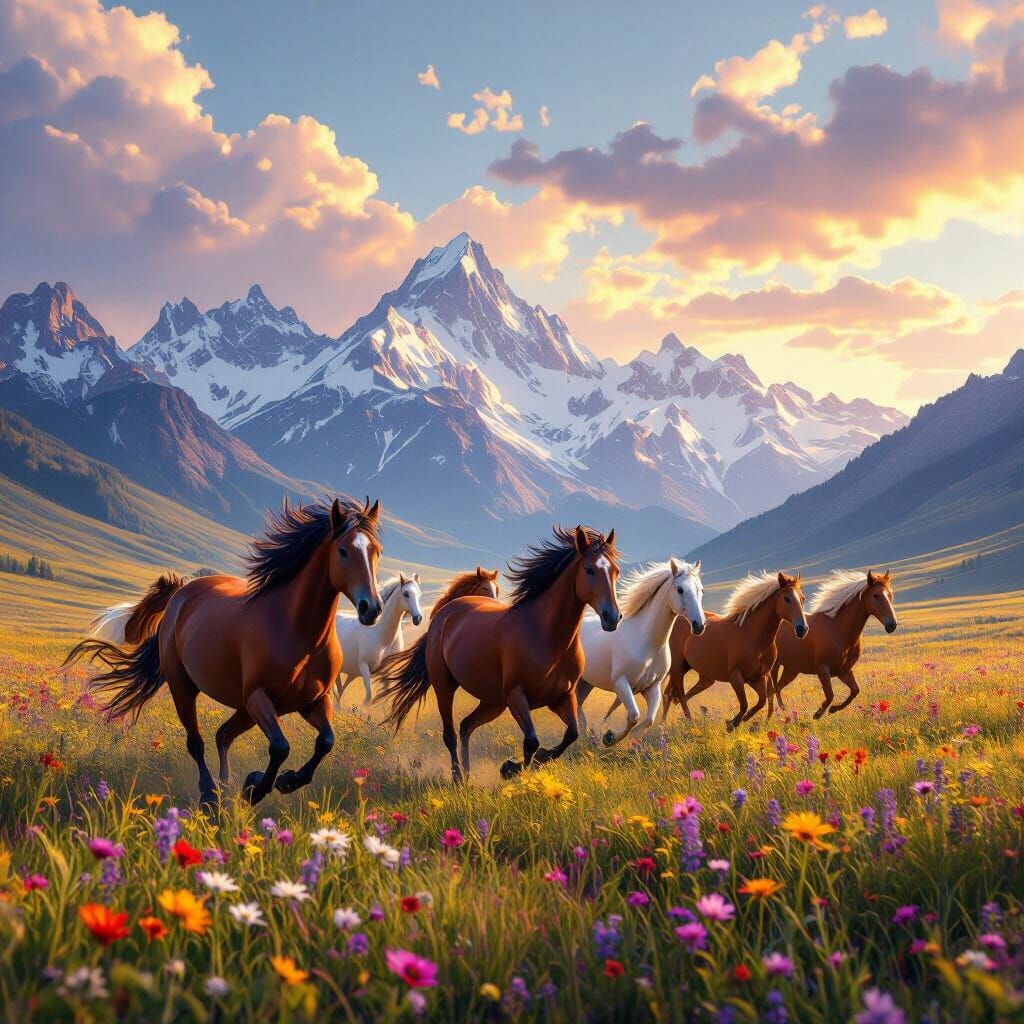 Wild Horses Galloping in Vibrant Meadow with Mountains