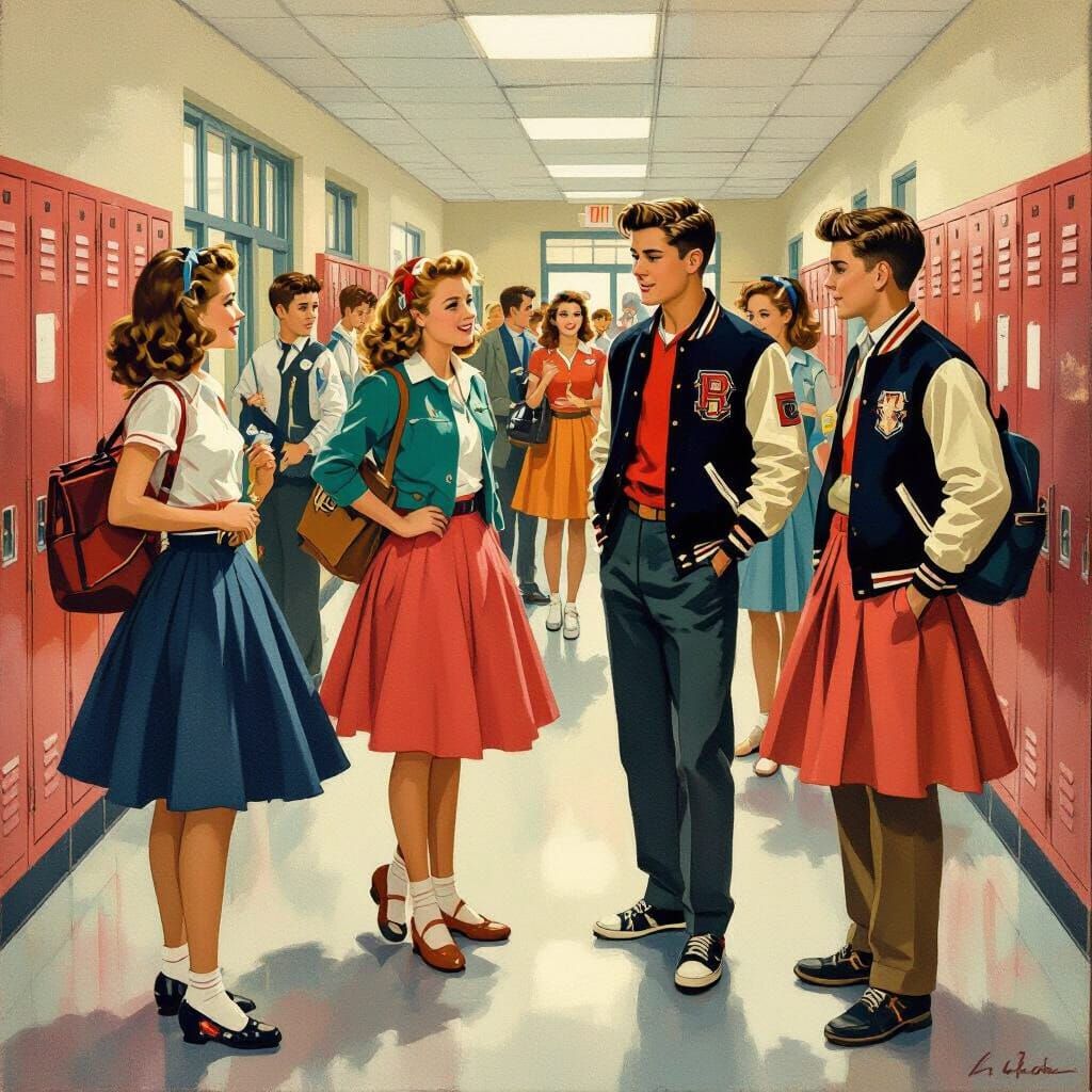 1950s High School Scene in Vintage Style