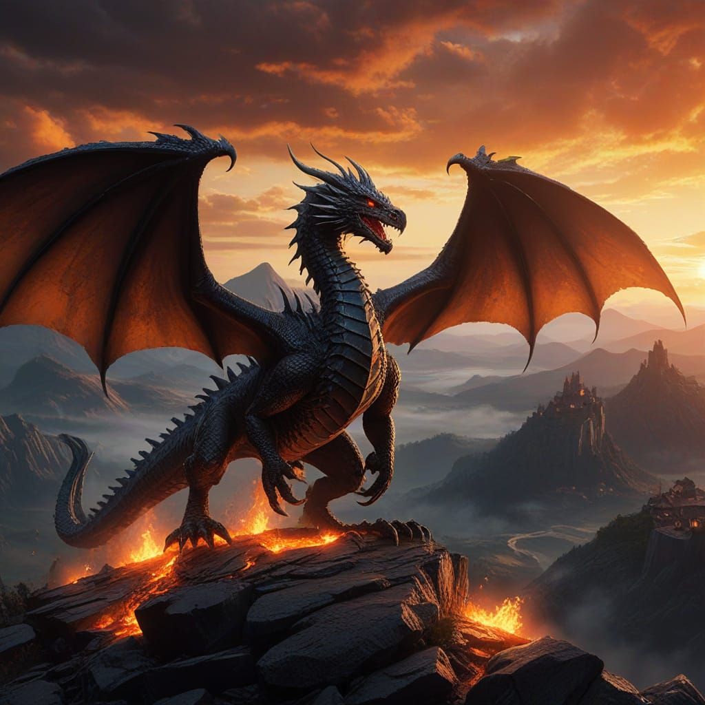 Fearsome Dragon Over Burning Village