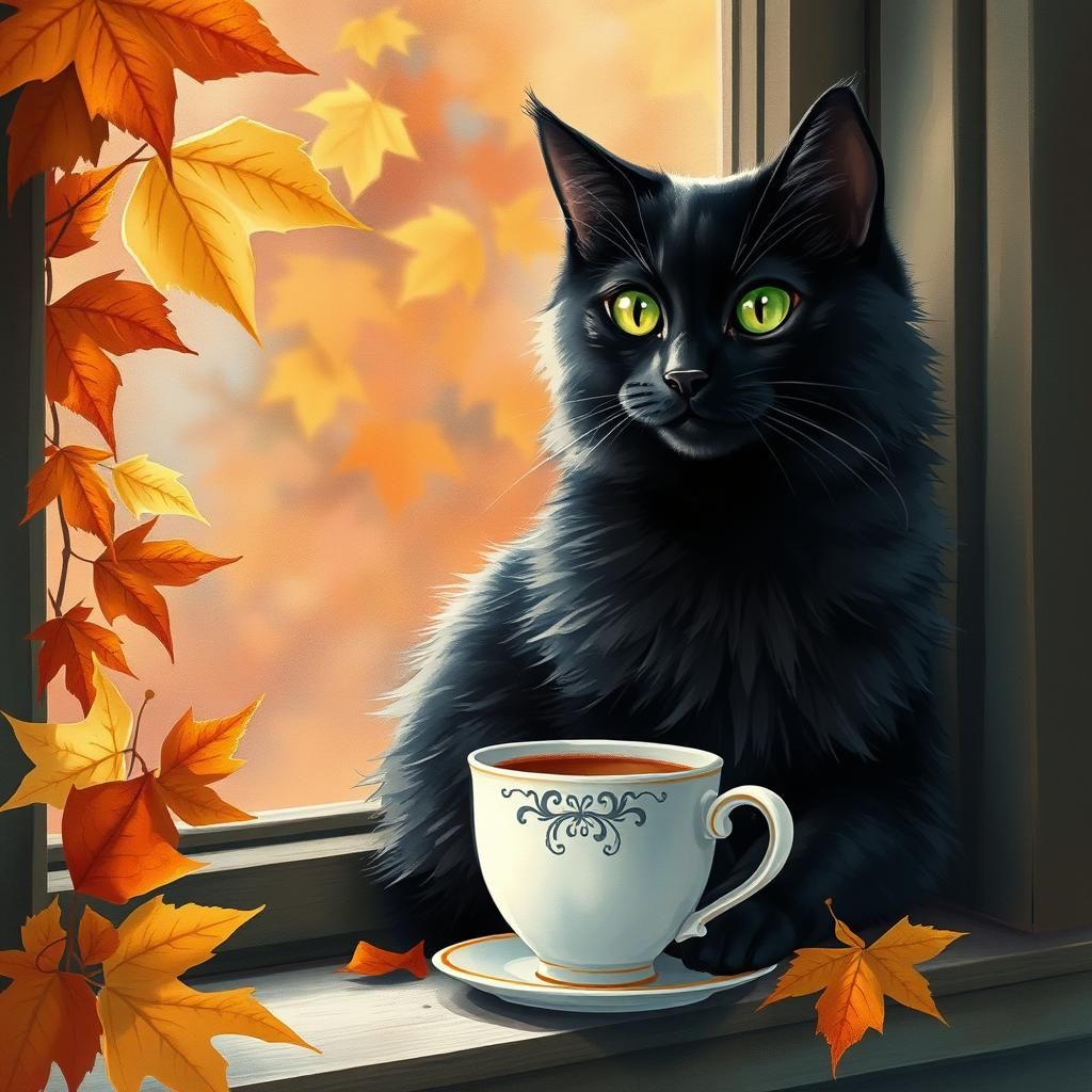 Autumn Cat Sipping Coffee: Watercolor Impression