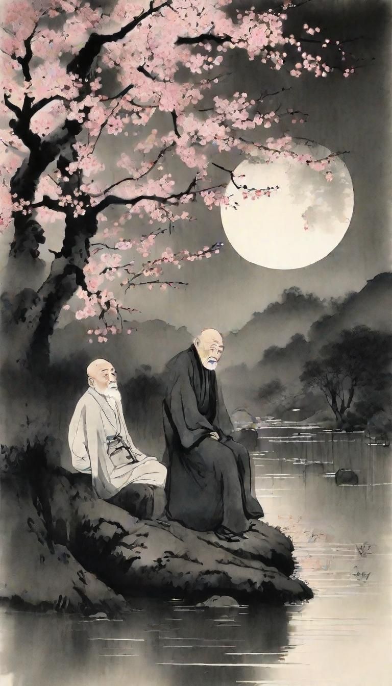 Chinese Ink Painting: Man Resting Under Cherry Tree