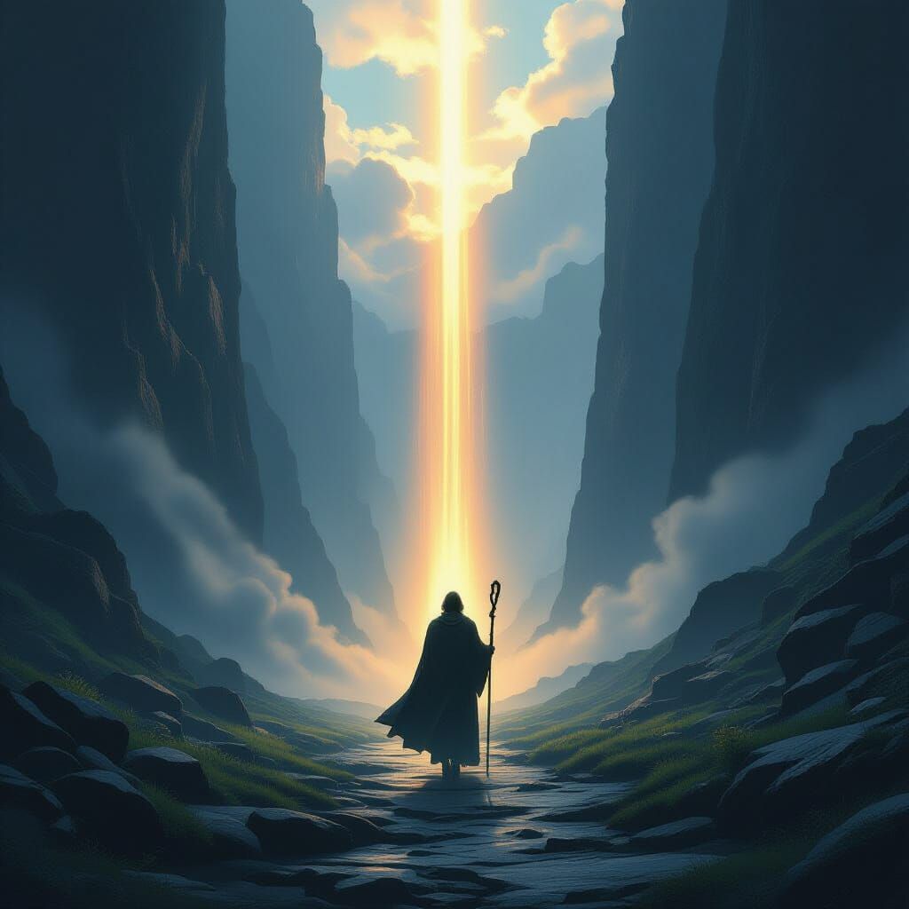Divine Light Guides Figure Through Dark Valley