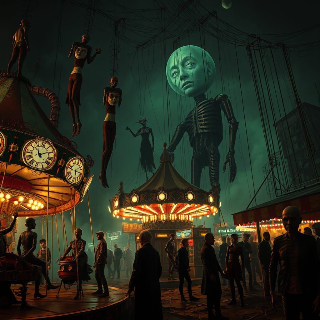 Surreal Horror Carnival at Night with Broken Mannequins