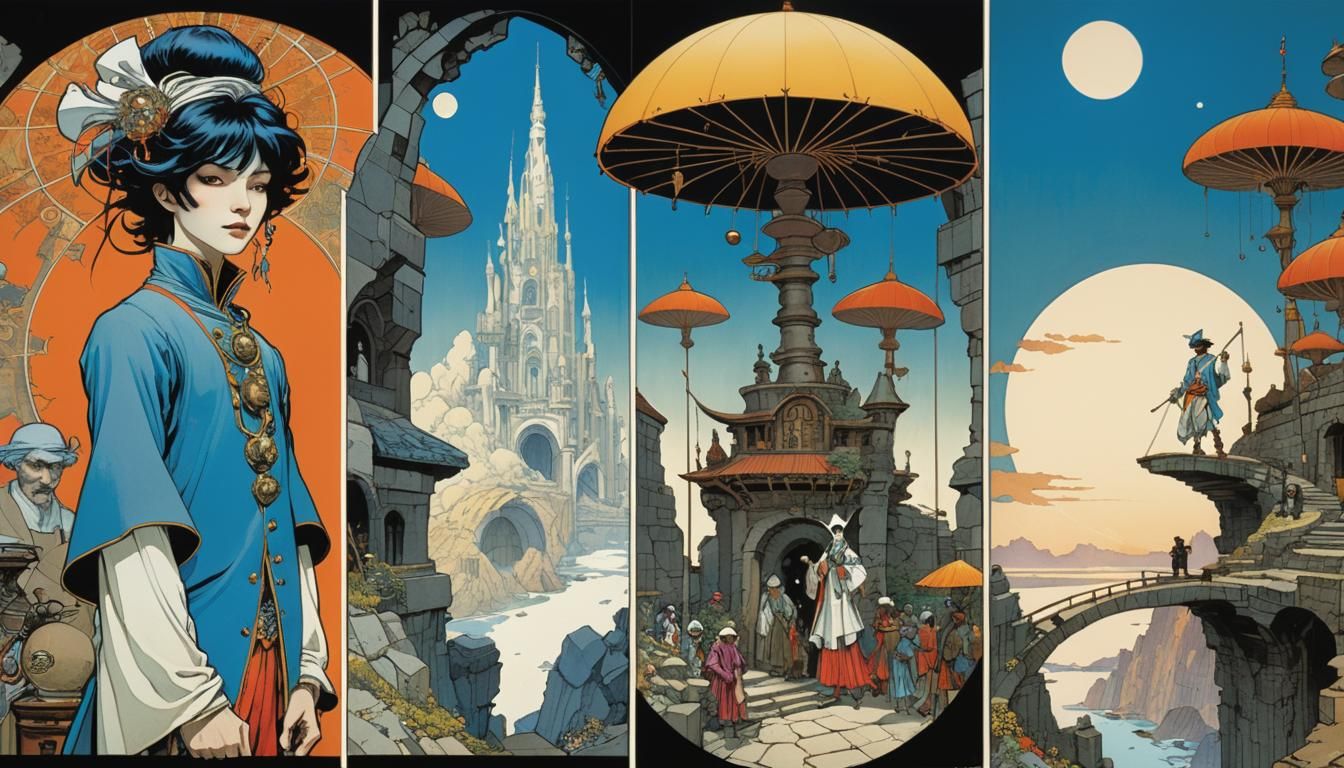 Comic Book Pierrot and Alien Sculpture, Art Nouveau Style