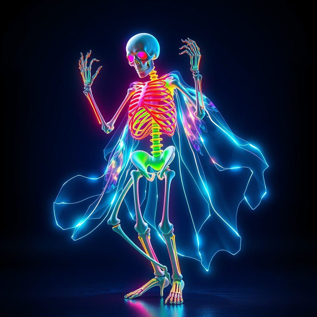 Glowing Neon Skeleton Dances in a Dreamlike Aura