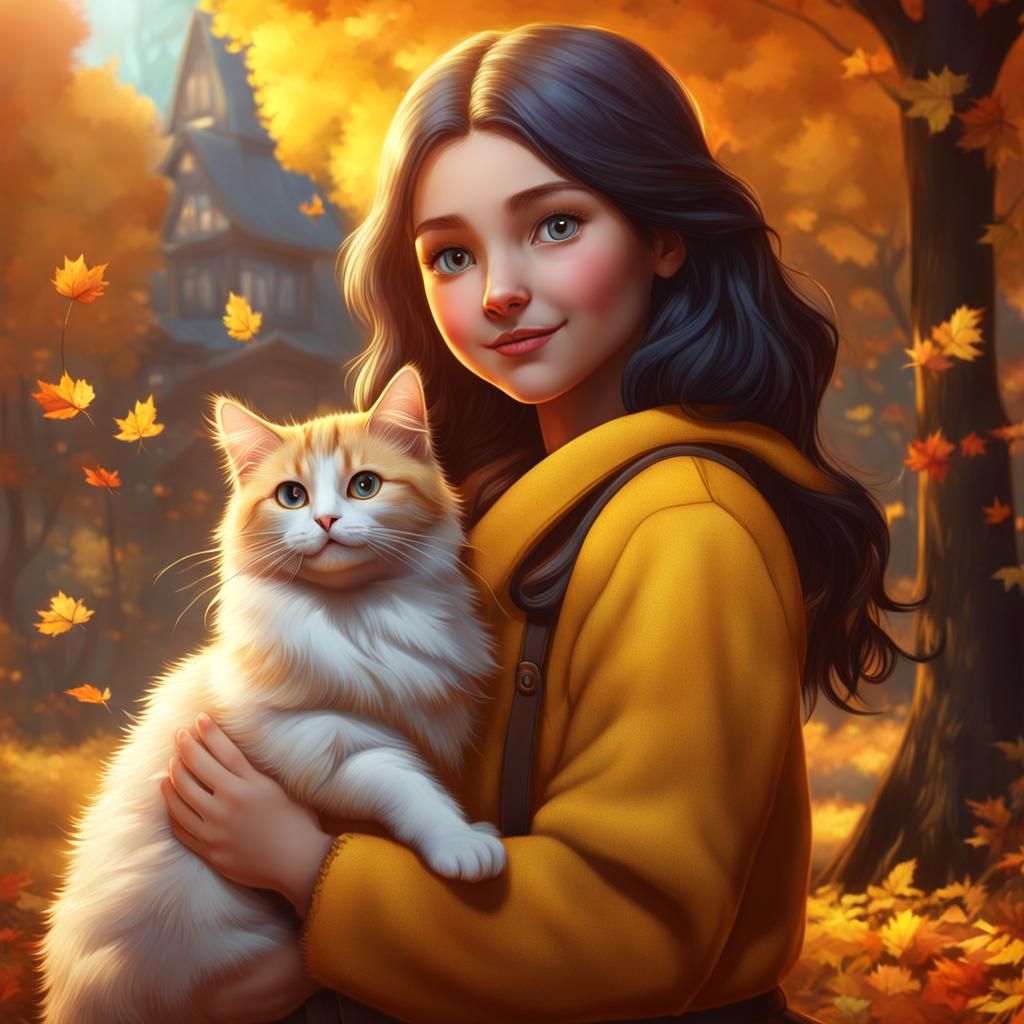 Girl Hugging Calico Cat in Autumnal Fantasy Art
