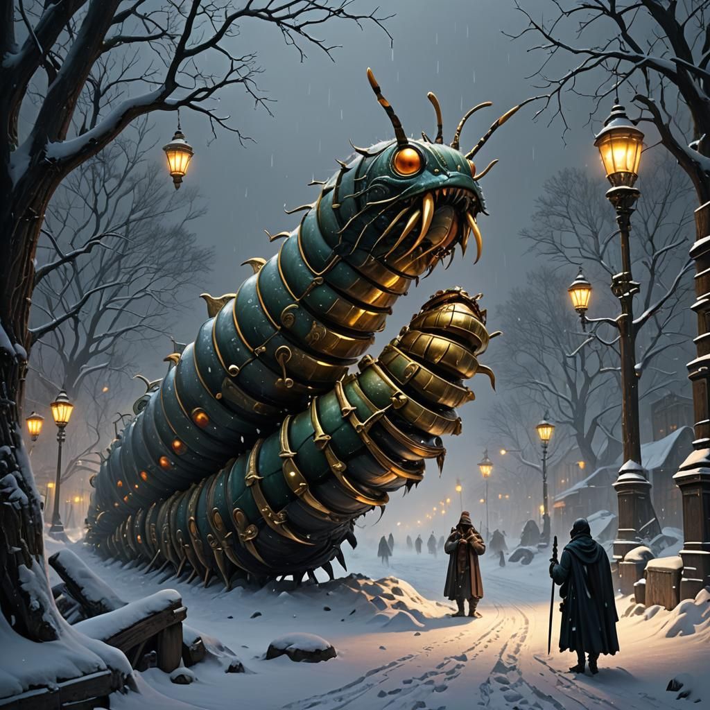 Caterpillar Flute Player in Blizzard: Biopunk Matte Painting