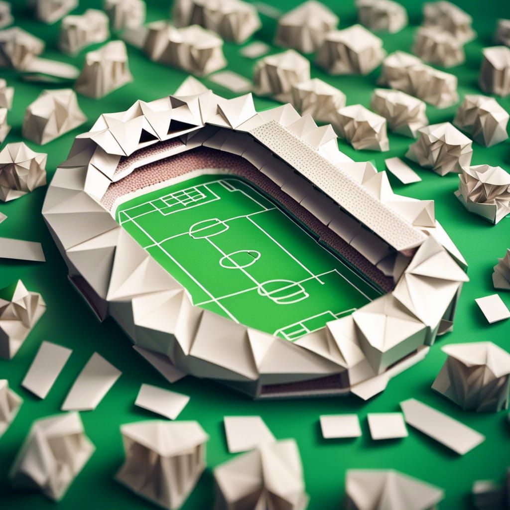 football stadium, Origami paper folds papercraft, made of paper, stationery, 8K resolution 64 megapixels soft focus