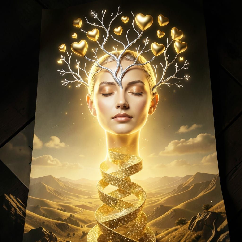 Surreal Golden Love Letter with Woman's Face and Hearts