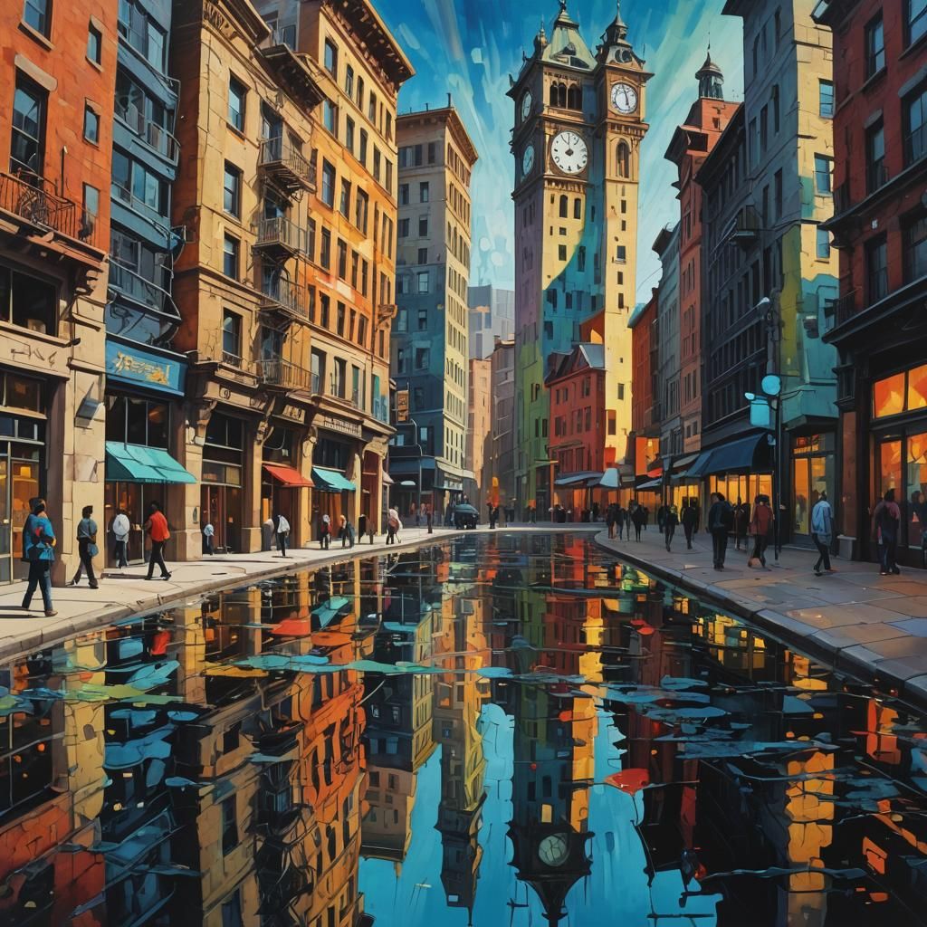 Surreal Urban Street Scene in Vibrant Oil Painting