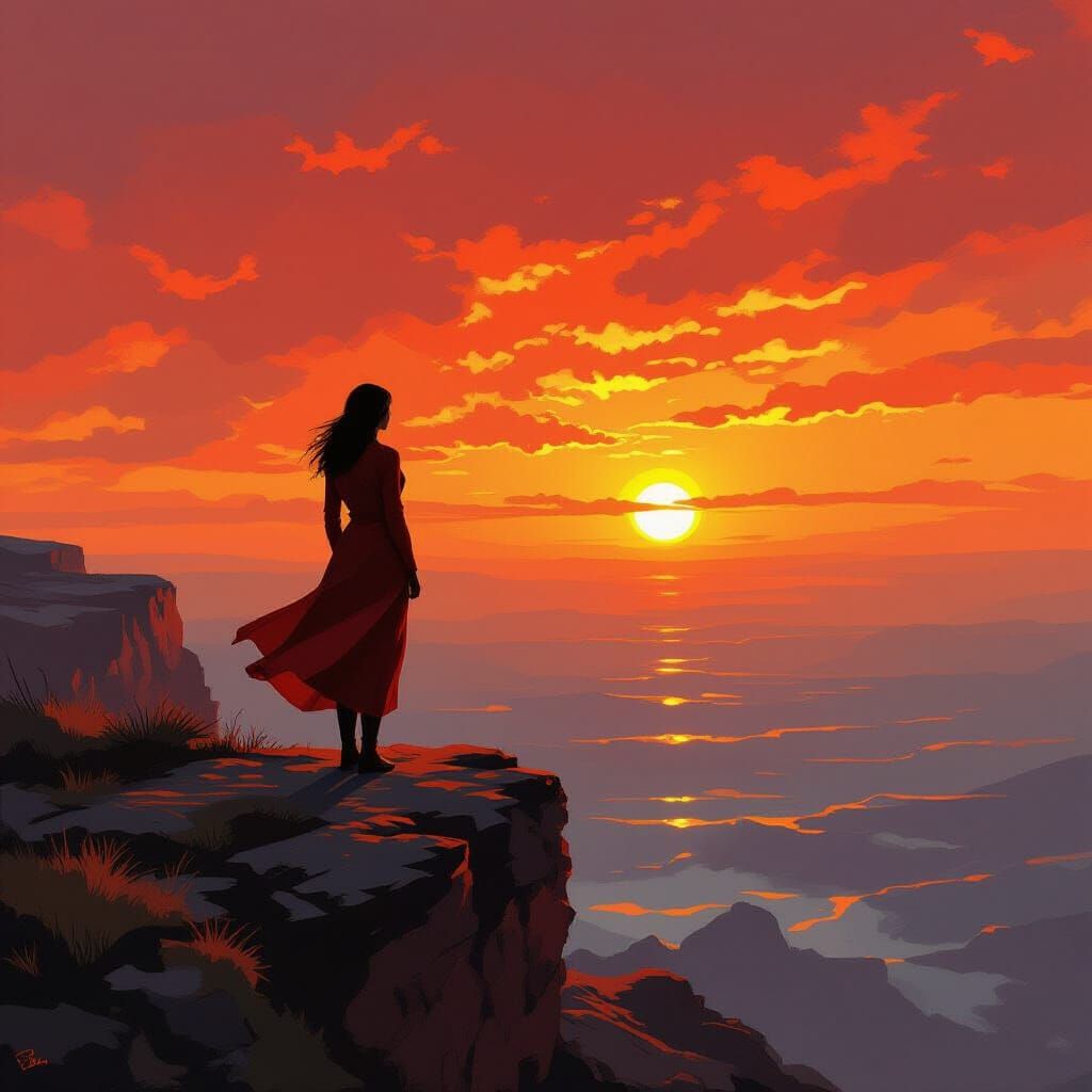 Woman Watches Fire Red Sunset as Digital Painting