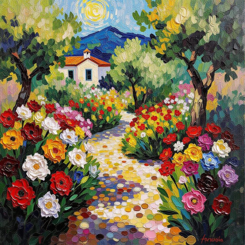 Money Flower Garden in Neo-Impressionist Style