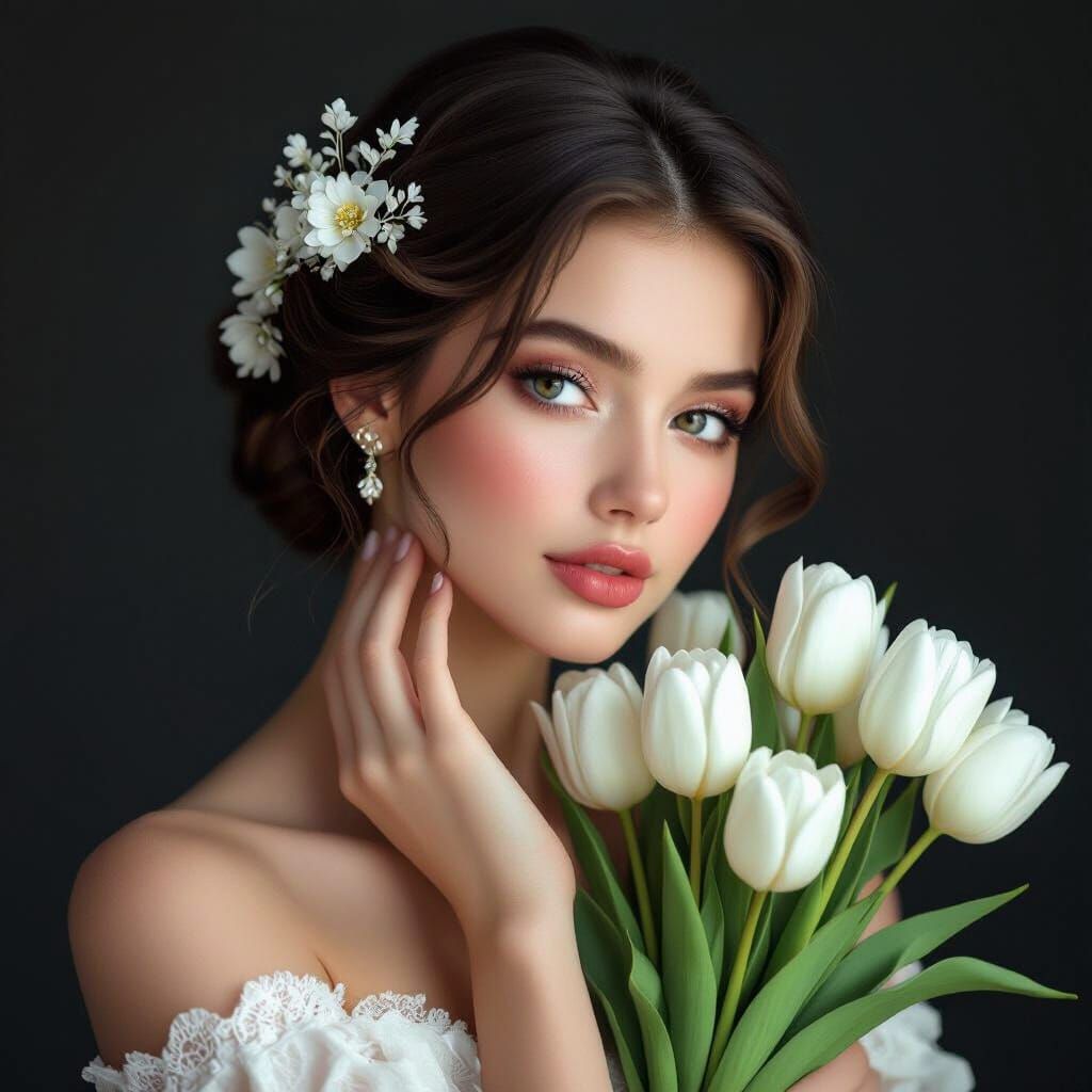 Elegant Woman with Tulips and Floral Hair Accents