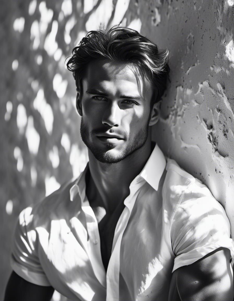 Attractive Man in White Shirt, Black and White Portrait
