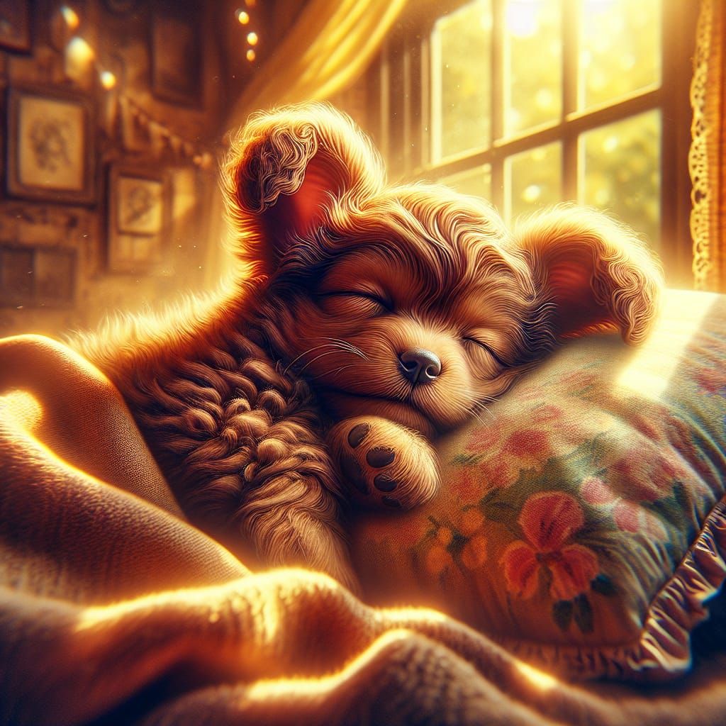 Sleeping Puppy in Cozy Home, Matte Painting Style