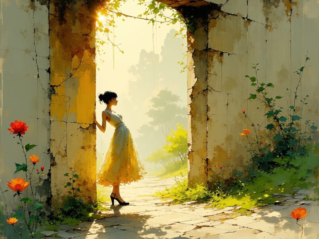 Woman Leaning on Ruined Wall in Chartreuse Vines