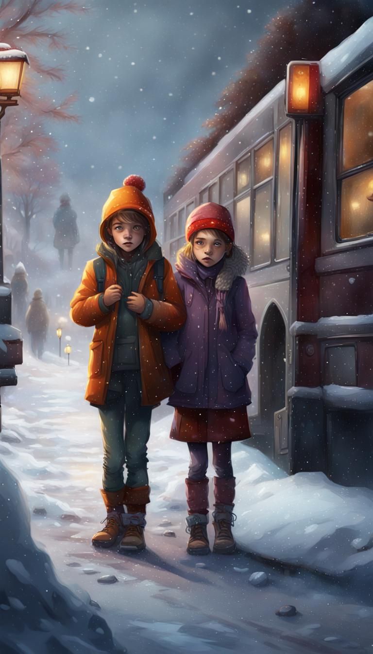 Children Wait for Bus: Detailed Fantasy Concept Art