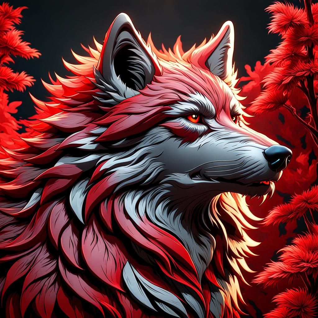 Detailed Red Alpha Wolf in Dark Fantasy Style