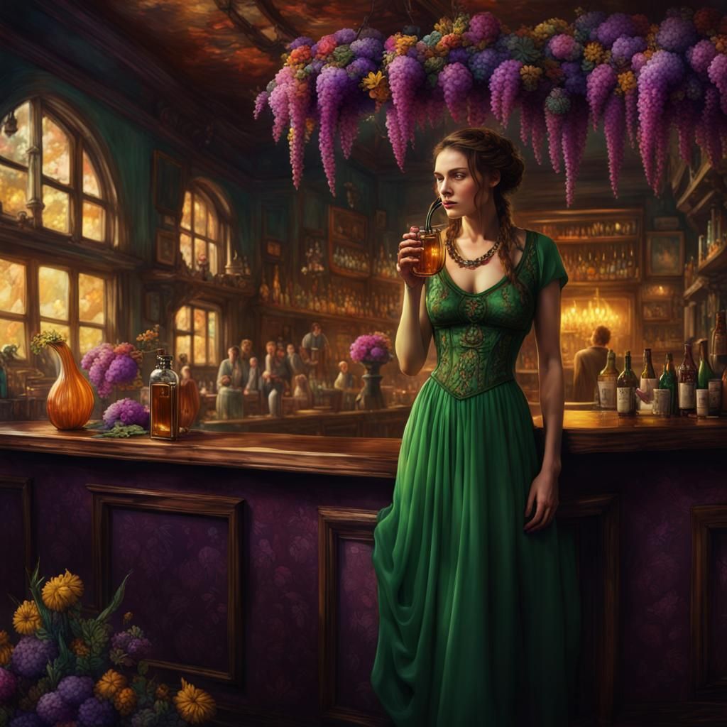 Persephone in Dimly Lit Bar with Flowers