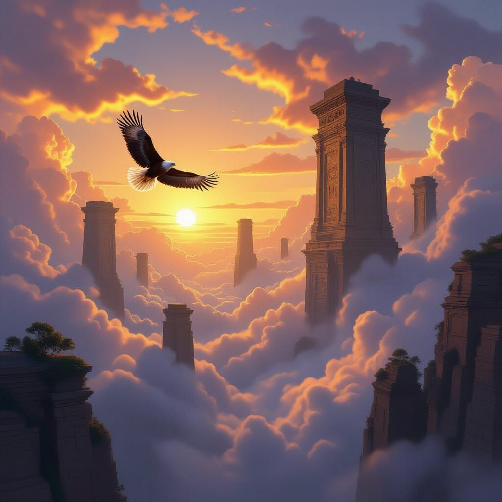 Eagle Soars Past Ancient Ruins in Golden Hour Sky