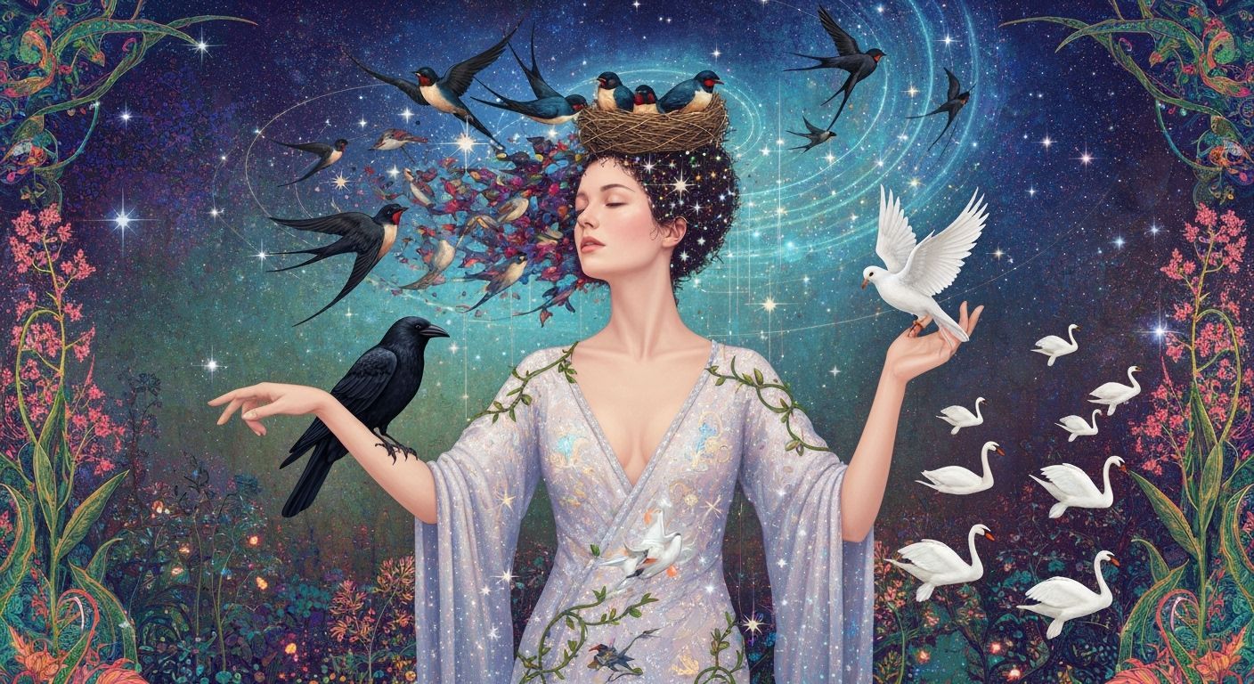 Ethereal Woman Transforms into Birds Amidst Cosmic Energy