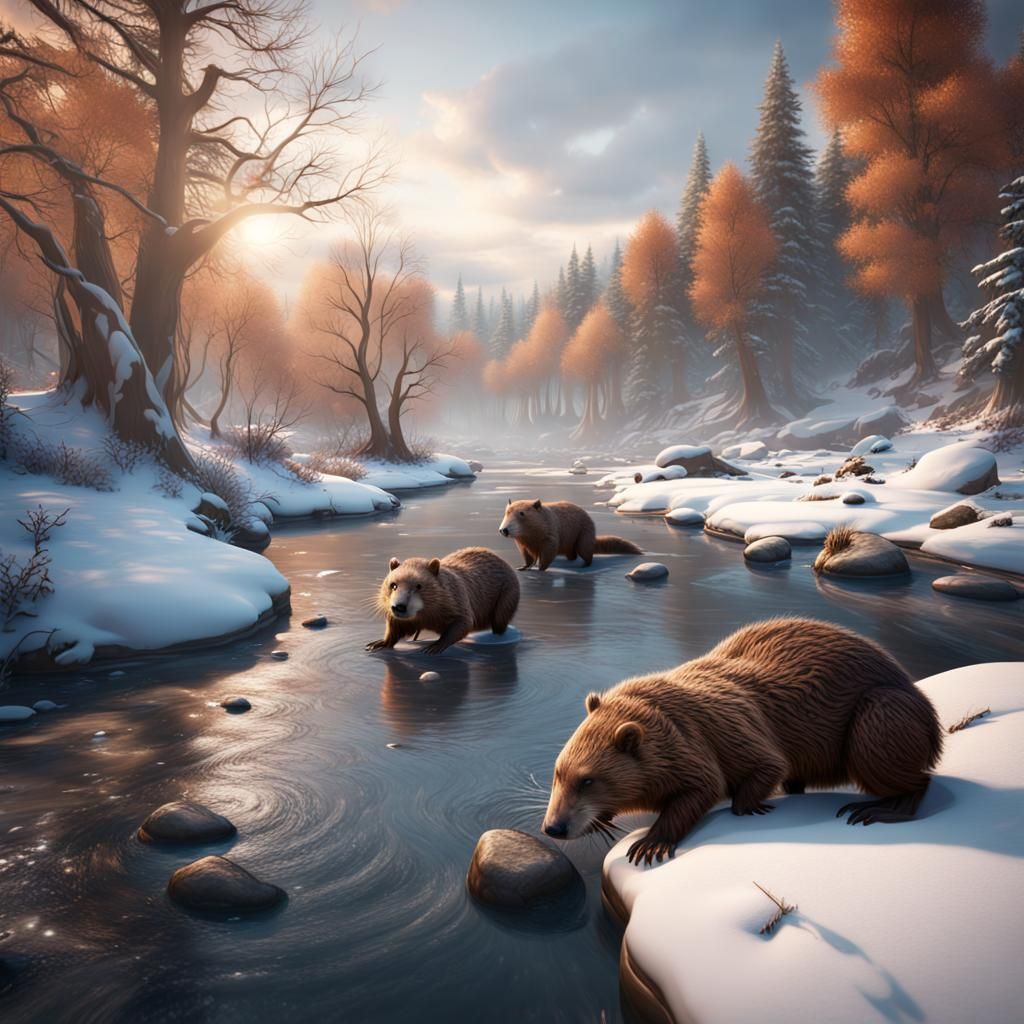 Beavers Playing in a Winter River, Detailed Matte Painting