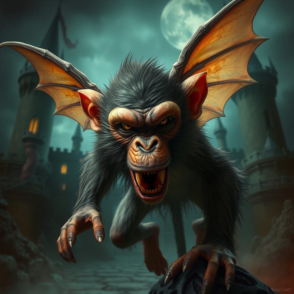 Menacing Flying Monkey Over Ominous Castle