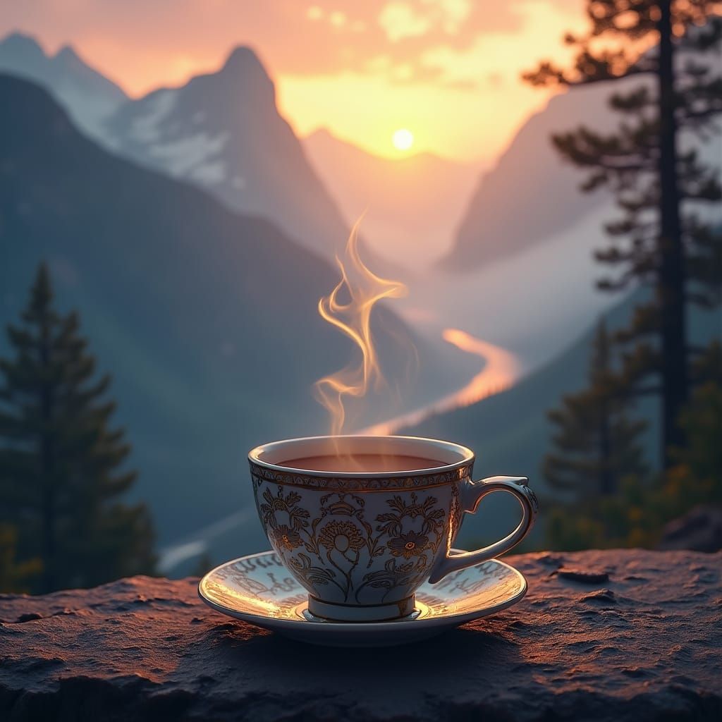 Mystical Coffee Cup in Fantasy Landscape