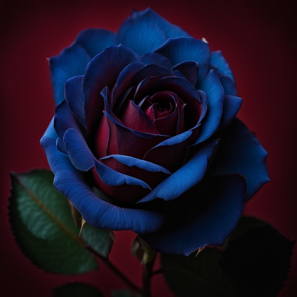 Velvety Blue Rose Blossom on Dark Red