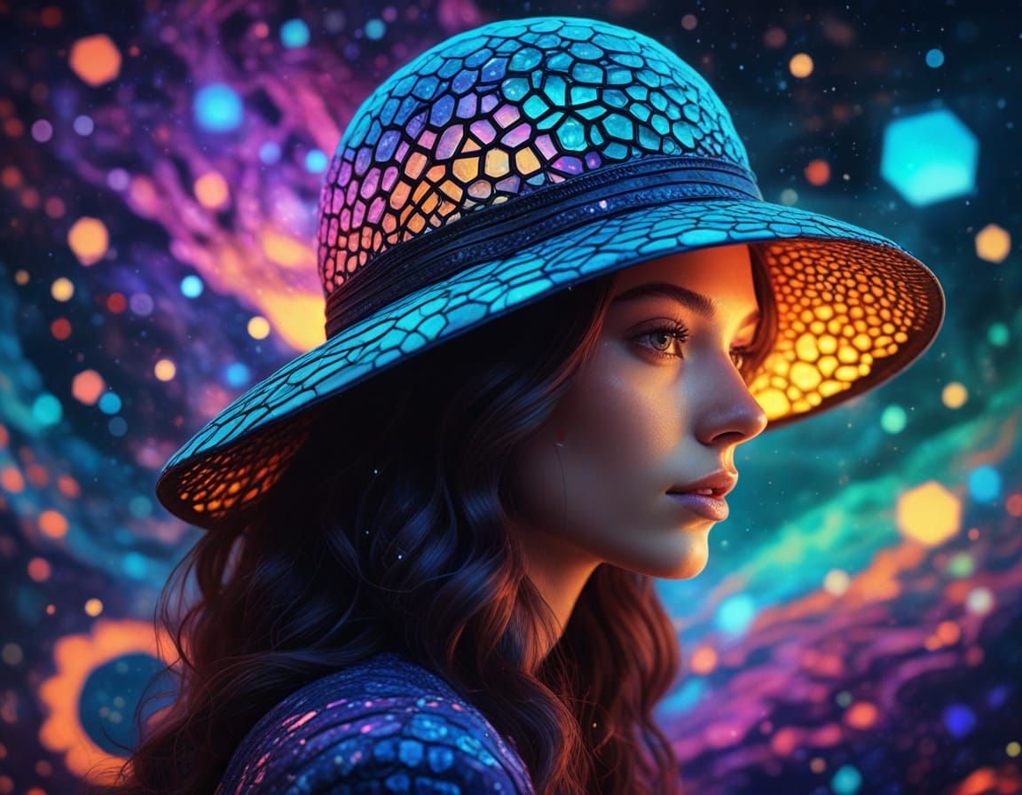 Surreal Astral Being in Whimsical Honeycomb Hat