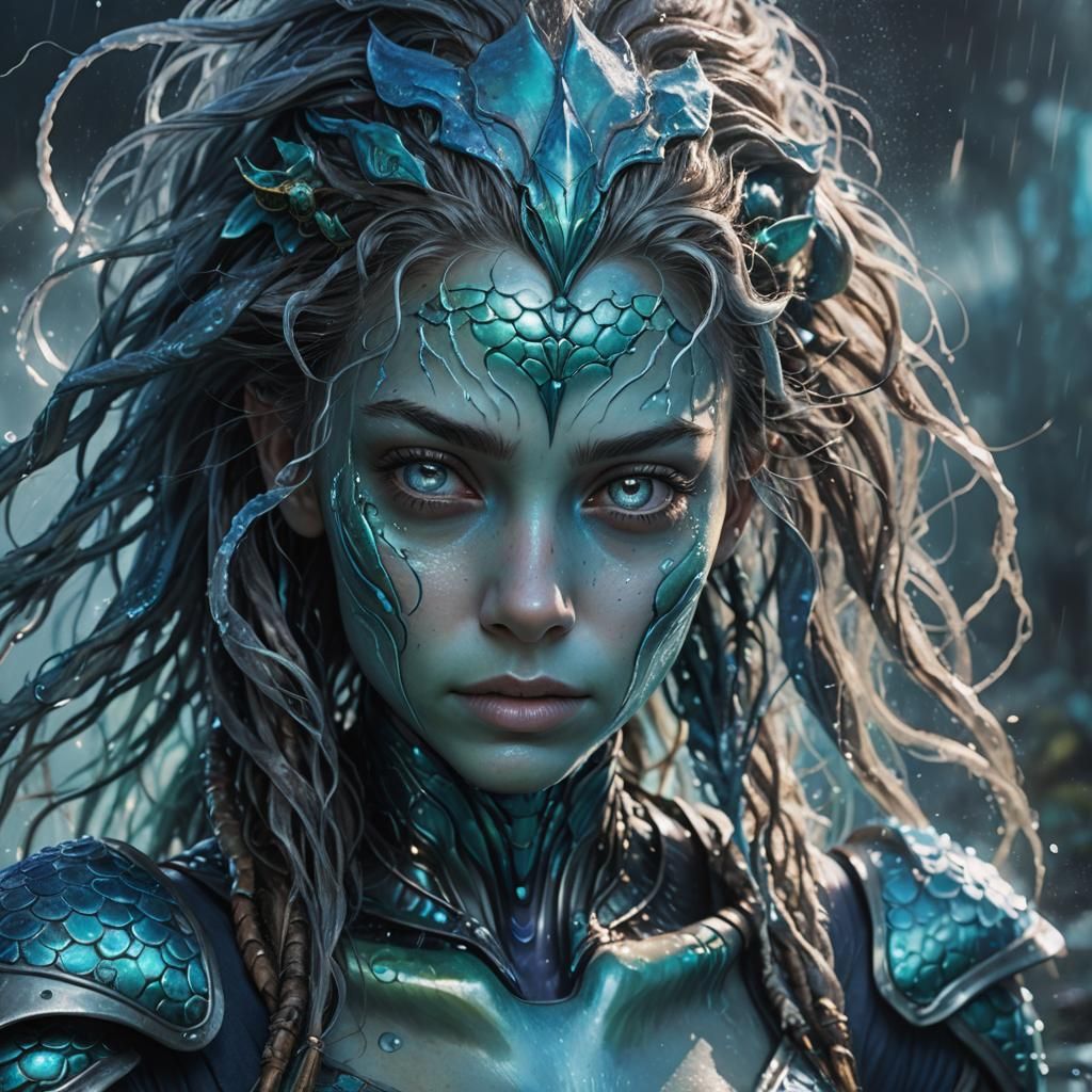 Hyperrealistic Portrait of an Alien Mermaid in Armor