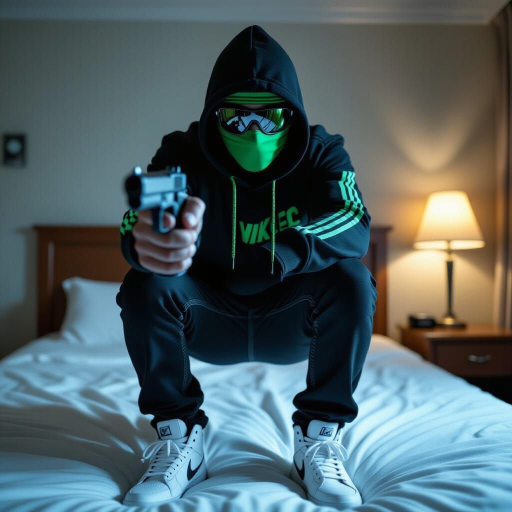 Figure in Ski Mask Points Gun in Gritty Motel Room