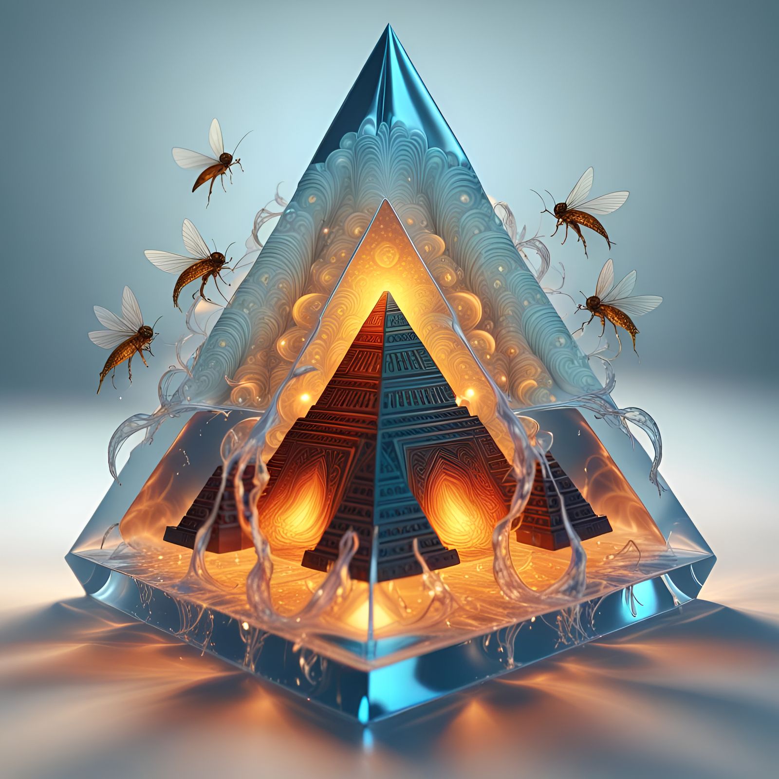 Pyramid Ice Cube with Flames and Egyptian Goddess