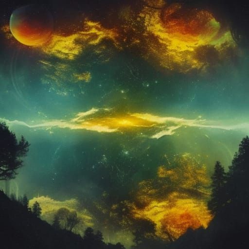 Dual Reality: Woman in Forest, Man in Cosmic Landscape