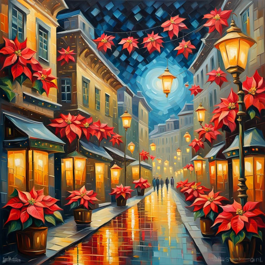 Poinsettia-Filled Fantasy Cityscape in Neo-Impressionist Sty...
