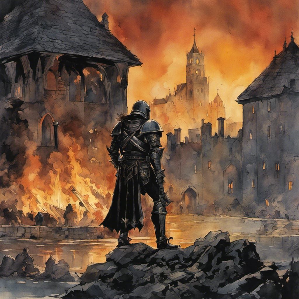 Mourning Knight in Burning Village: Watercolor Comic Art