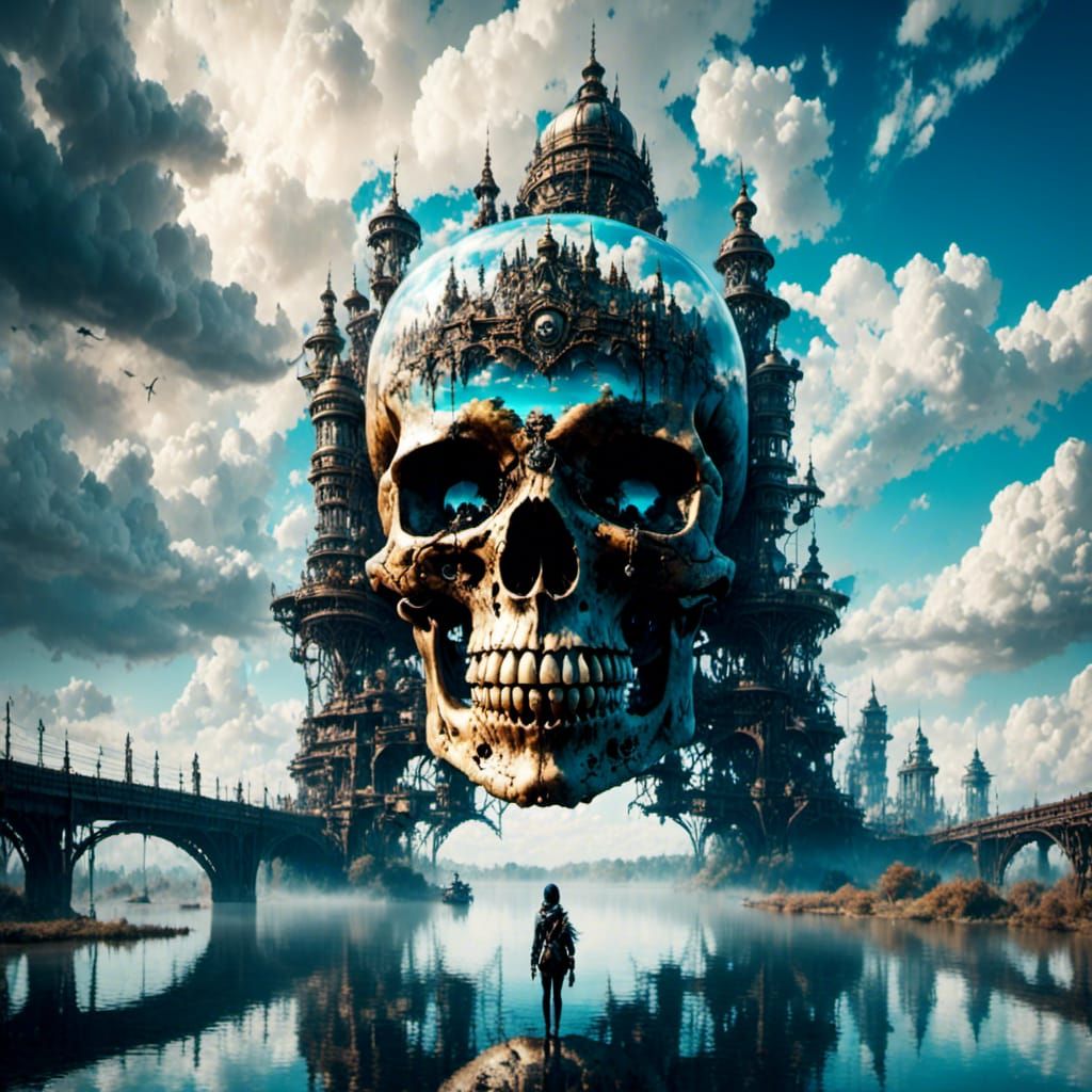 Mecha Skull Outdoors with Cloudy Sky