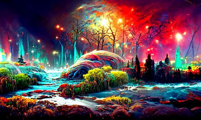 Ethereal Night Landscape Painting of Lake and Aurora