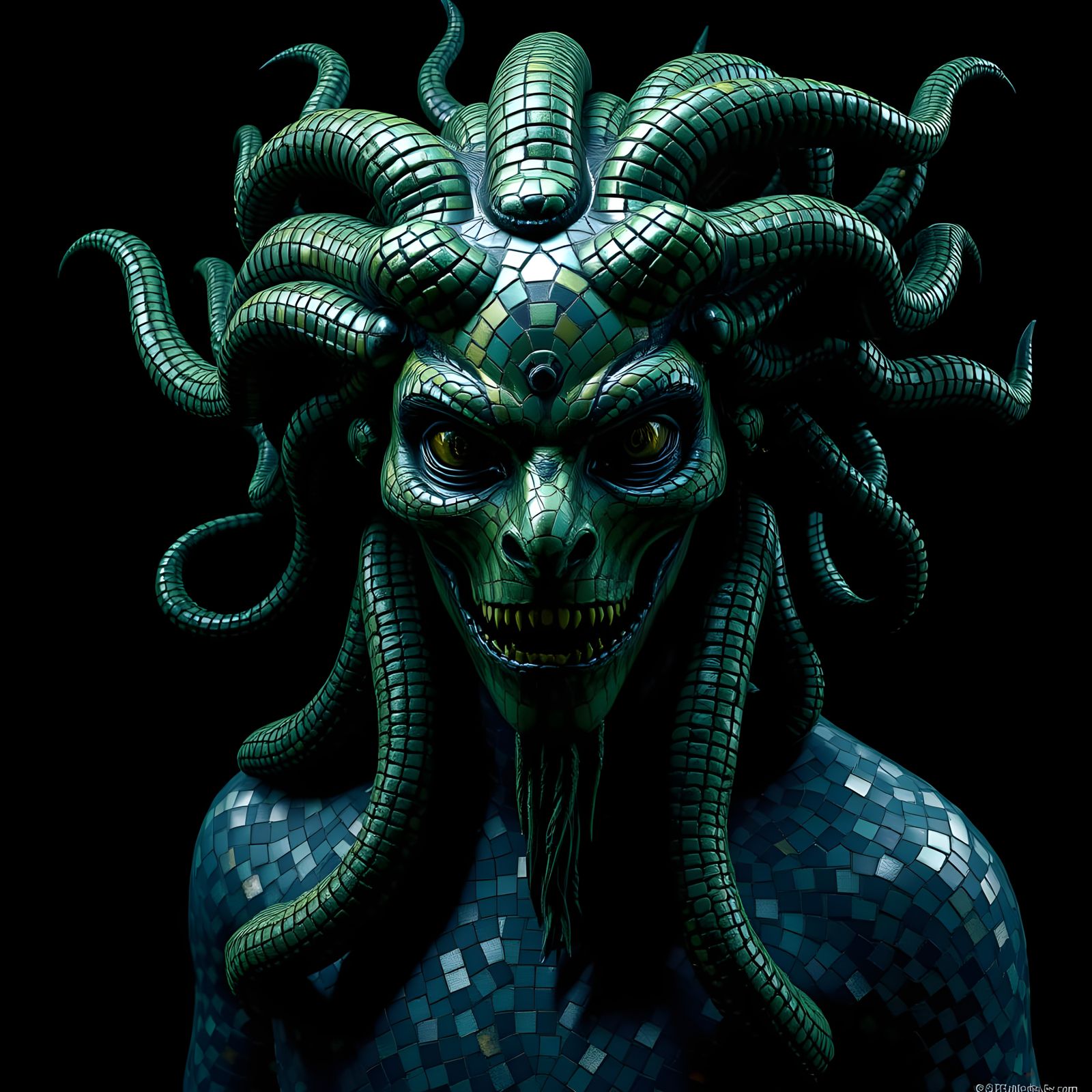 Hyperrealistic Mosaic Medusa Monster in Dark Fantasy Style