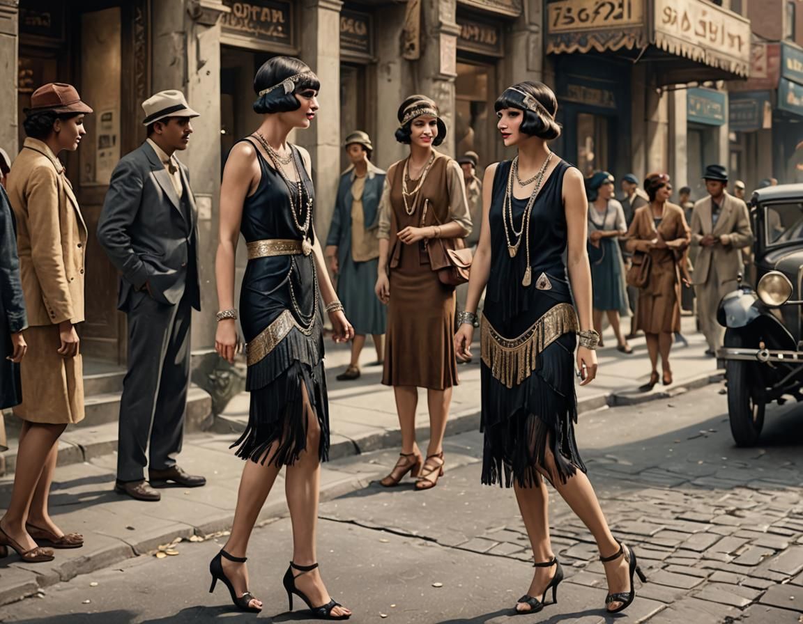 1920s Flapper Meets Egyptian Woman in City Street