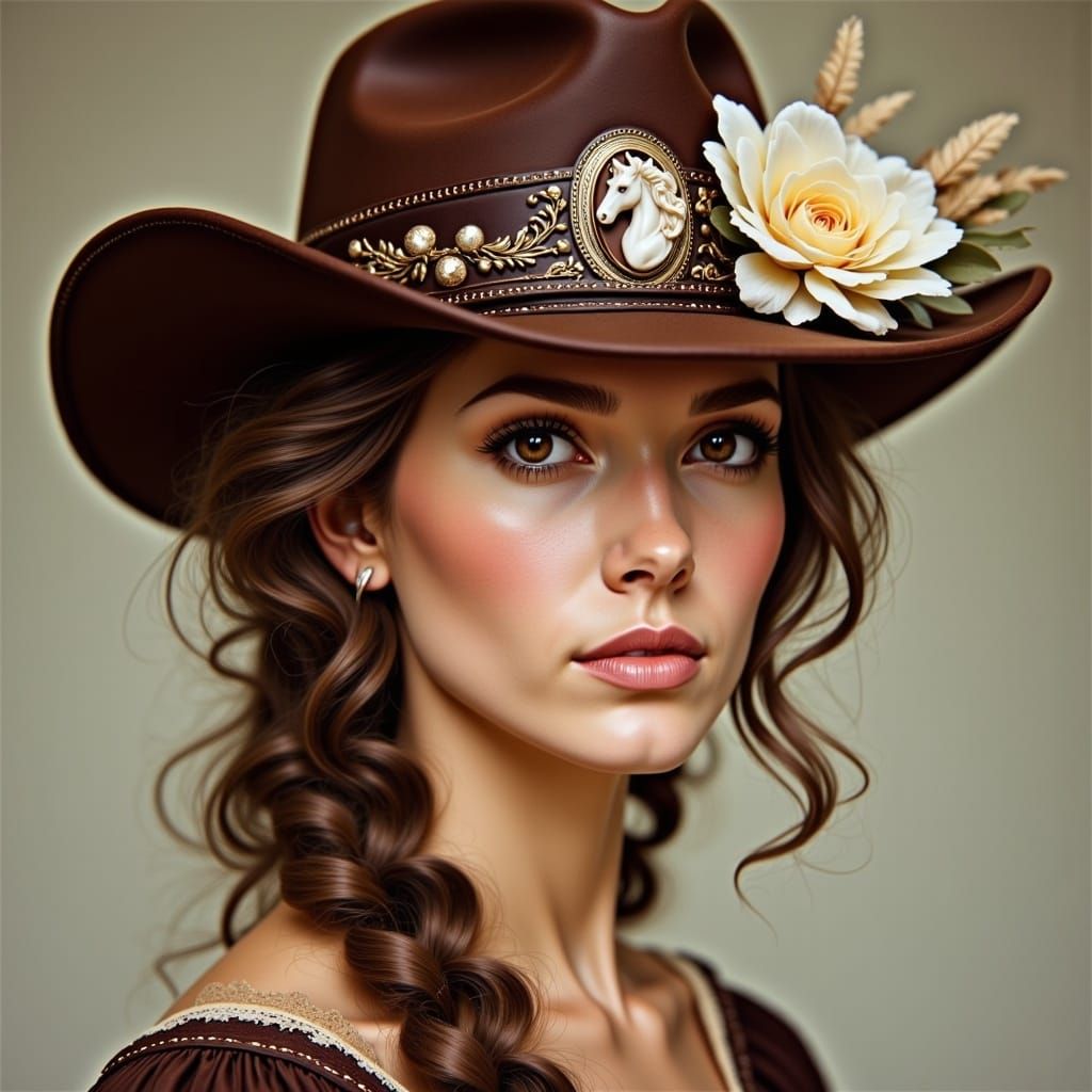 Elegant Lady in Cowboy Hat with Horse Cameo