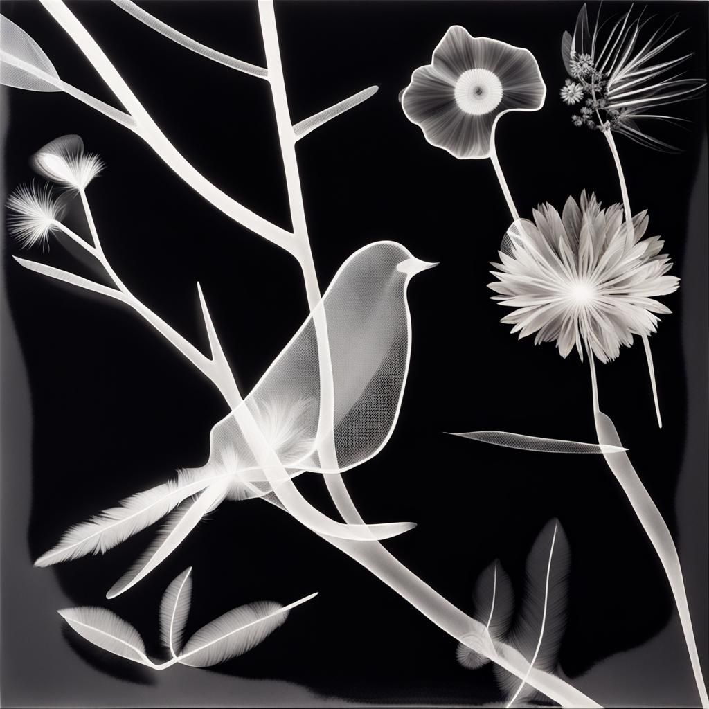 Wow  Photogram, Mann Ray , flowers and trees , acrylic, feathers, springs ,leaves