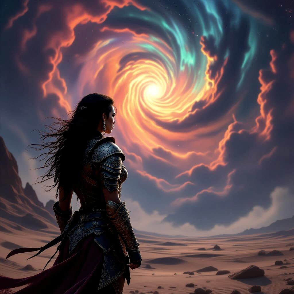 Warrior on Alien Planet Gazing at Nebula